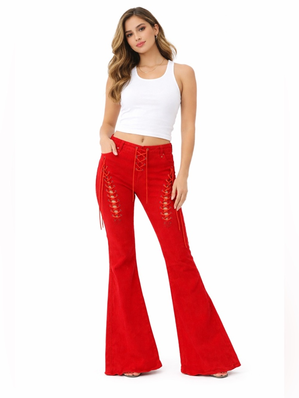 Edikted Red Lace Up Flare Jeans XS Y2K Corset High Rise Bell Bottom Pants